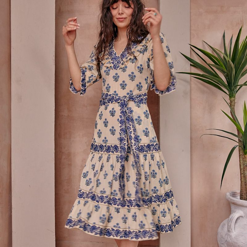Thumbnail of Blue Floral Block Print Cotton Midi Dress image
