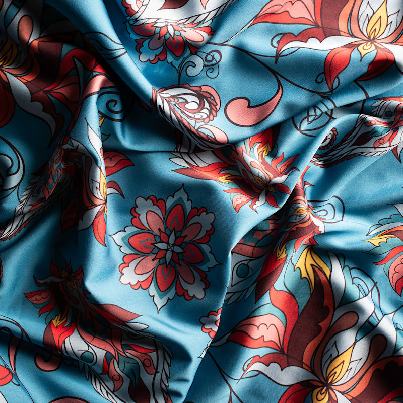 Thumbnail of Blue Floral Paisley Print Satin Long Sleeve Short Robe image