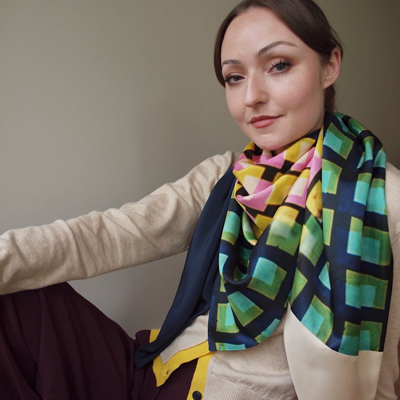 Thumbnail of Blue, Green, Pink & Yellow Triangle Scarf - Artistic Print - Silk & Viscose image
