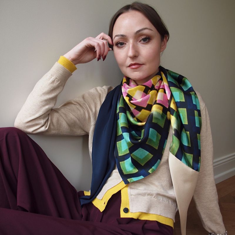 Thumbnail of Blue, Green, Pink & Yellow Triangle Scarf - Artistic Print - Silk & Viscose image