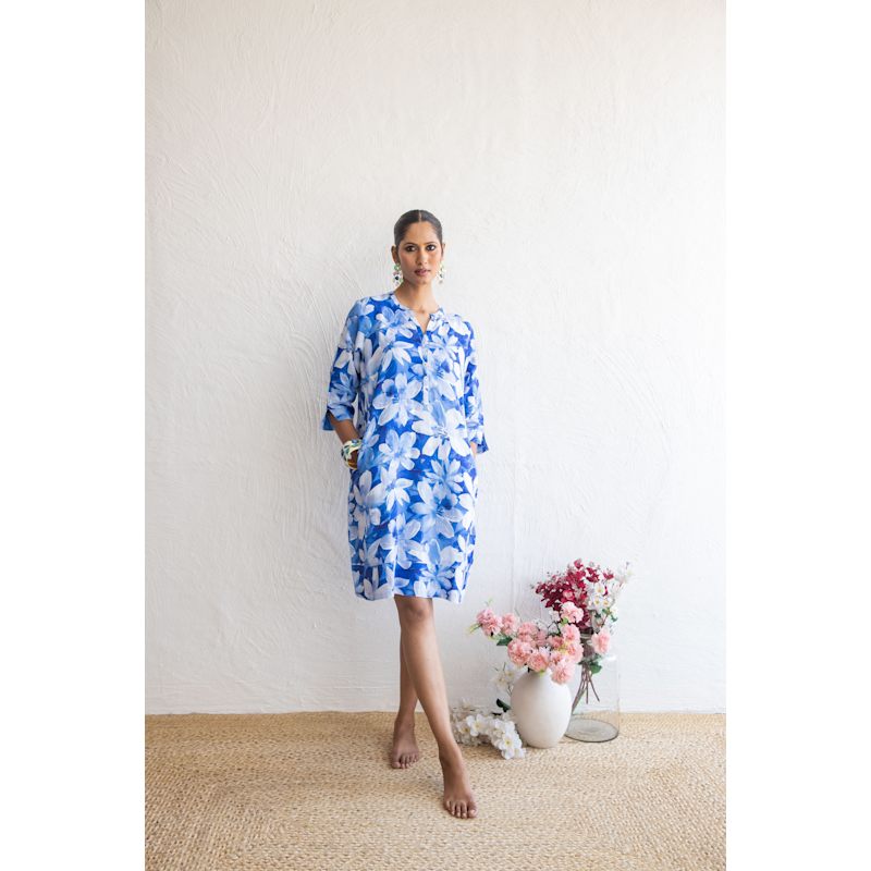 Nologo-Chic Floral Print Linen Tunic Dress - Blue