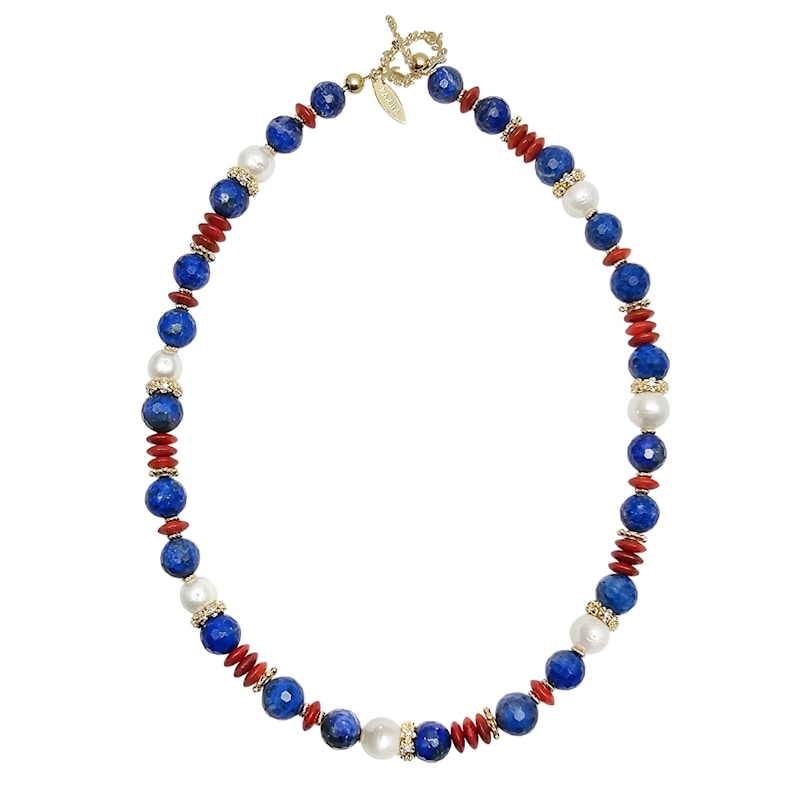 Thumbnail of Blue Lapis Red Bamboo Coral And Pearls Colormixed Necklace image