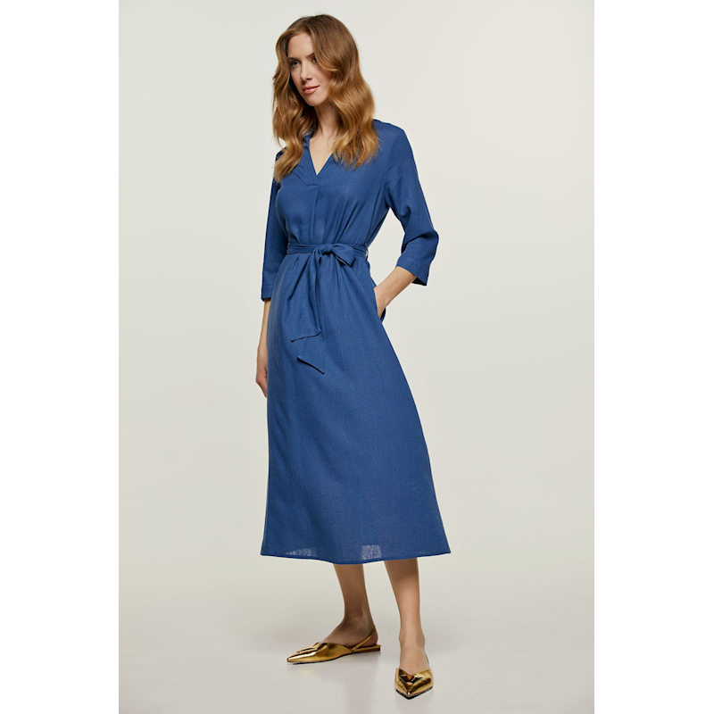 Blue Linen Style Midi Dress With Belt | Conquista | Wolf & Badger