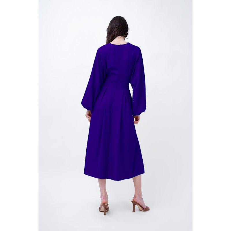 Blue Midi Dress With Balloon Sleeves And V-Neck | BLUZAT | Wolf & Badger