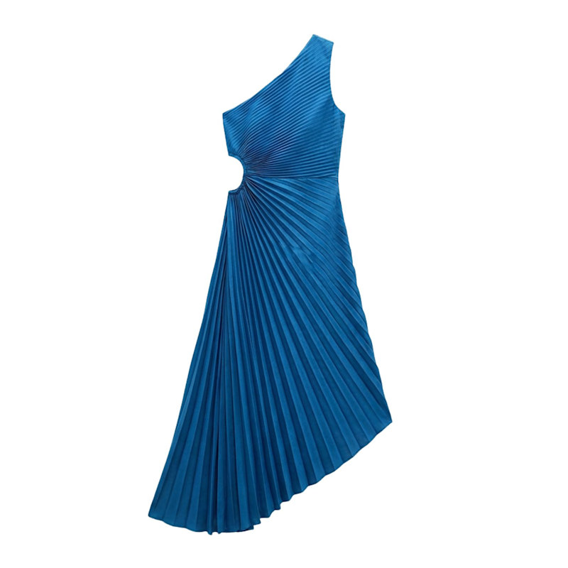 blue asymmetric midi dress Blue One-Shoulder Pleated Asymmetric Midi Dress by LAtelier London