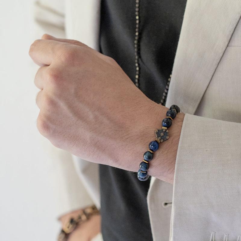 Thumbnail of Blue Tiger Eye Stone Shield Charm Beaded Bracelet - Blue image