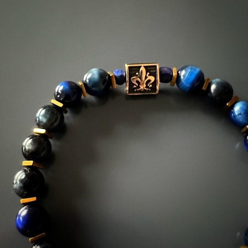 Thumbnail of Blue Tiger Eye Stone Shield Charm Beaded Bracelet - Blue image