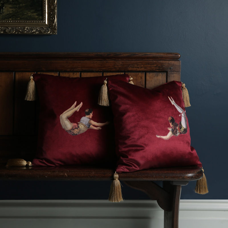 Thumbnail of Trapeze Girl Velvet Cushion Deep Berry Red image