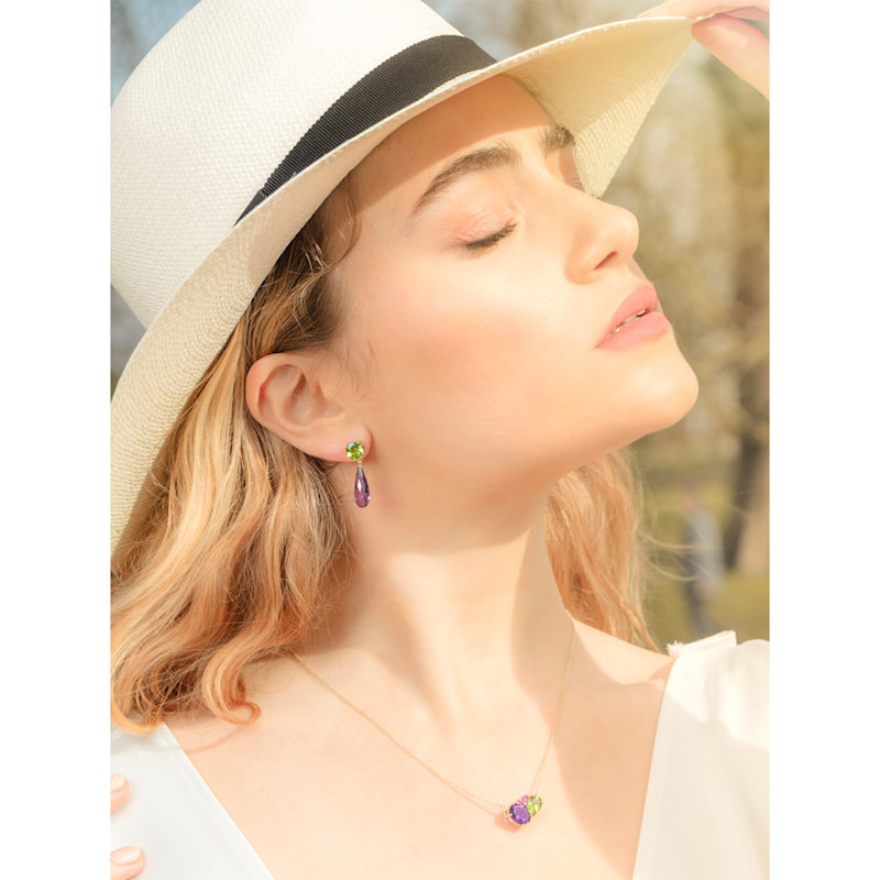 Thumbnail of Purple Amethyst & Peridot Gold Drop Earrings image