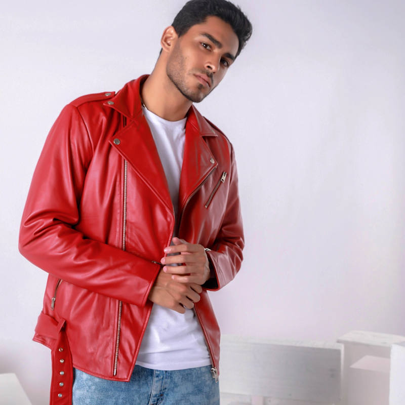 Brandy Alexander-Men Red Leather Biker Jacket | ZastaStudio | Wolf