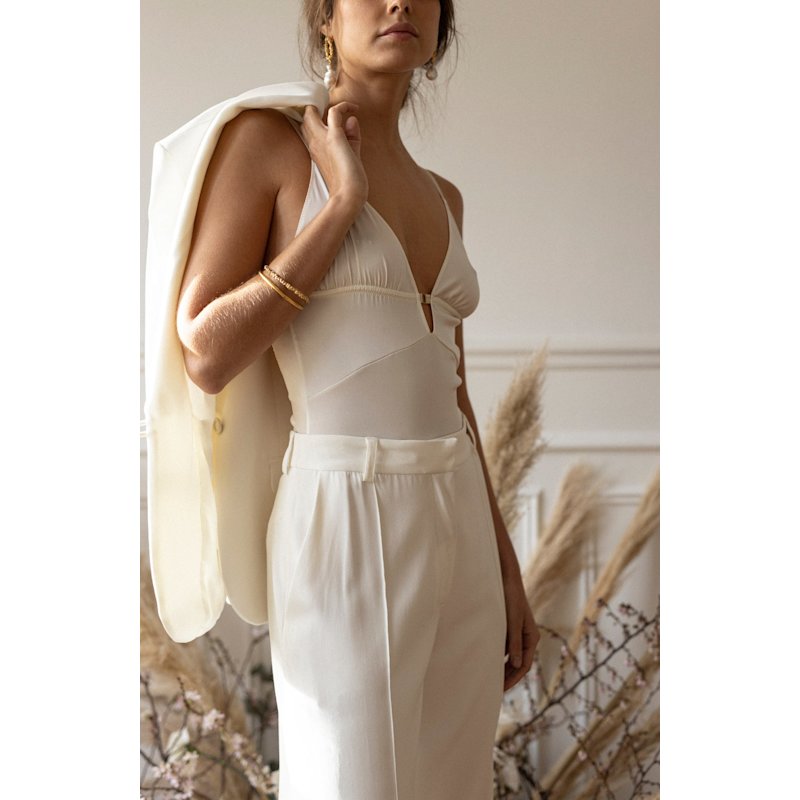 Thumbnail of Satin Silk & Jewelry Bodysuit - Ivory & Gold - Ayda image