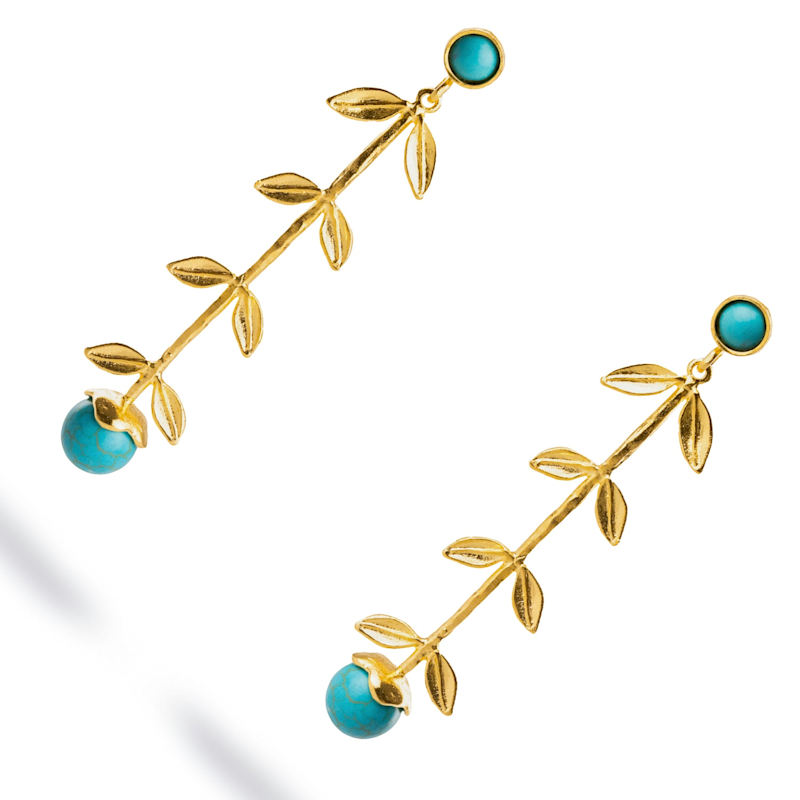 Thumbnail of Bohemian Elegance Gold Leaf & Turquoise Stone Dangle Earrings - Turquoise image