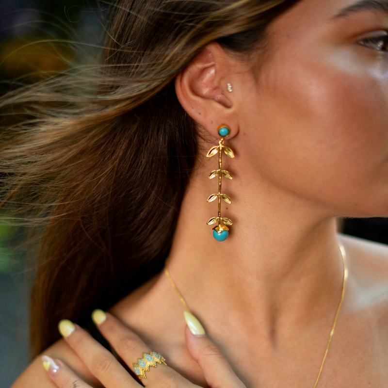 Thumbnail of Bohemian Elegance Gold Leaf & Turquoise Stone Dangle Earrings - Turquoise image