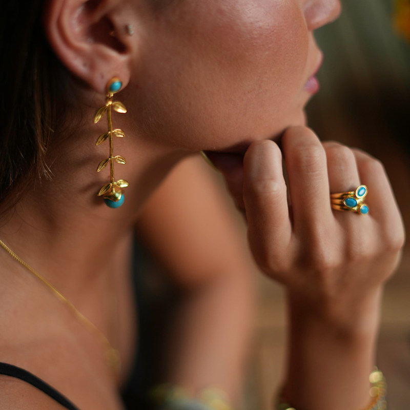 Thumbnail of Bohemian Elegance Gold Leaf & Turquoise Stone Dangle Earrings - Turquoise image