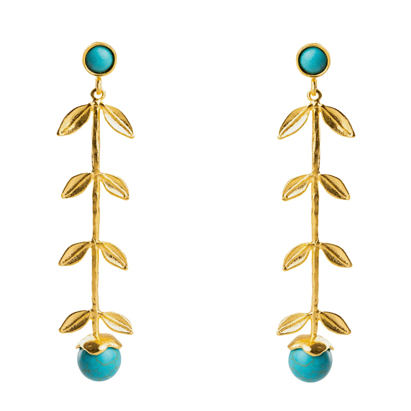 Thumbnail of Bohemian Elegance Gold Leaf & Turquoise Stone Dangle Earrings - Turquoise image