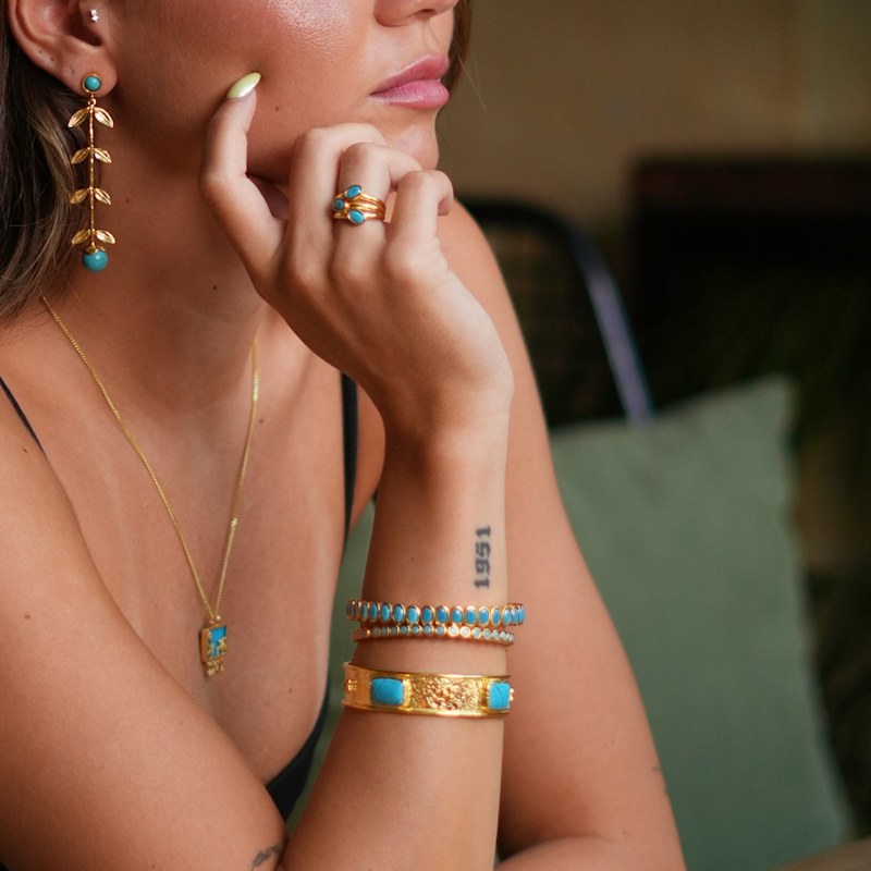 Thumbnail of Bohemian Elegance Gold Leaf & Turquoise Stone Dangle Earrings - Turquoise image