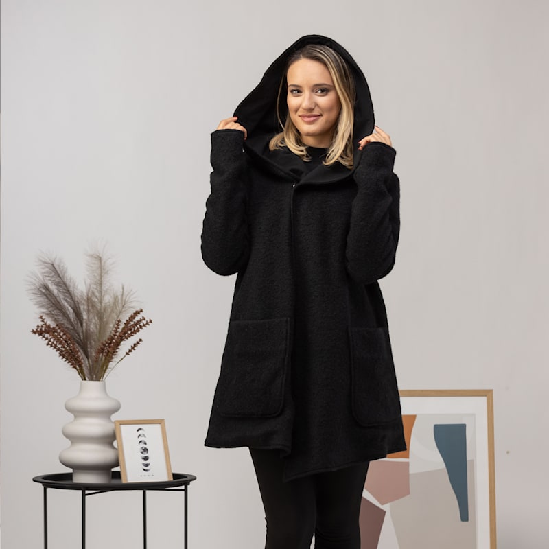 Wool Hooded Cardigan Jacket With Pockets In Black | Nikka Place