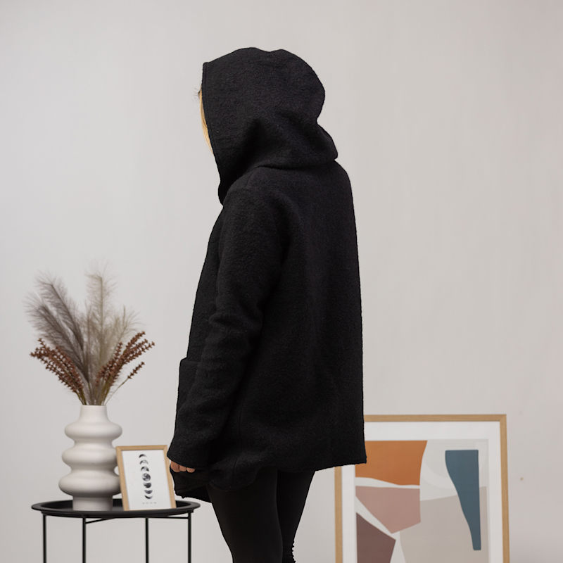 Wool Hooded Cardigan Jacket With Pockets In Black | Nikka Place