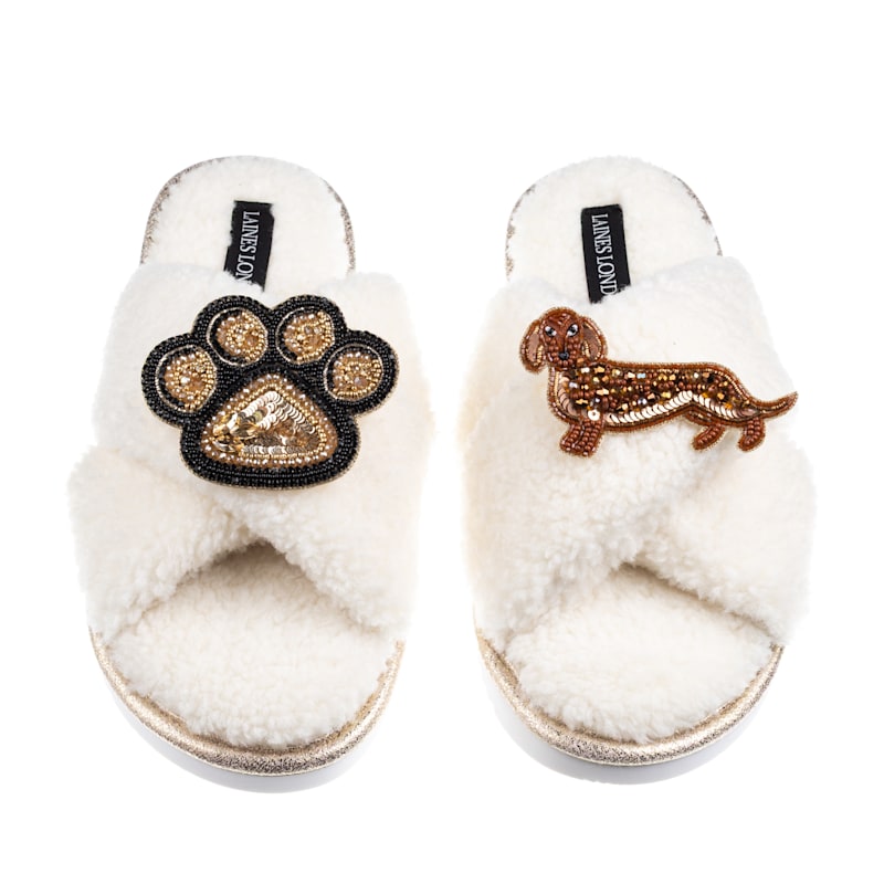 Thumbnail of Boucle Slippers With Paw & Red Dachshund Brooches - Cream image