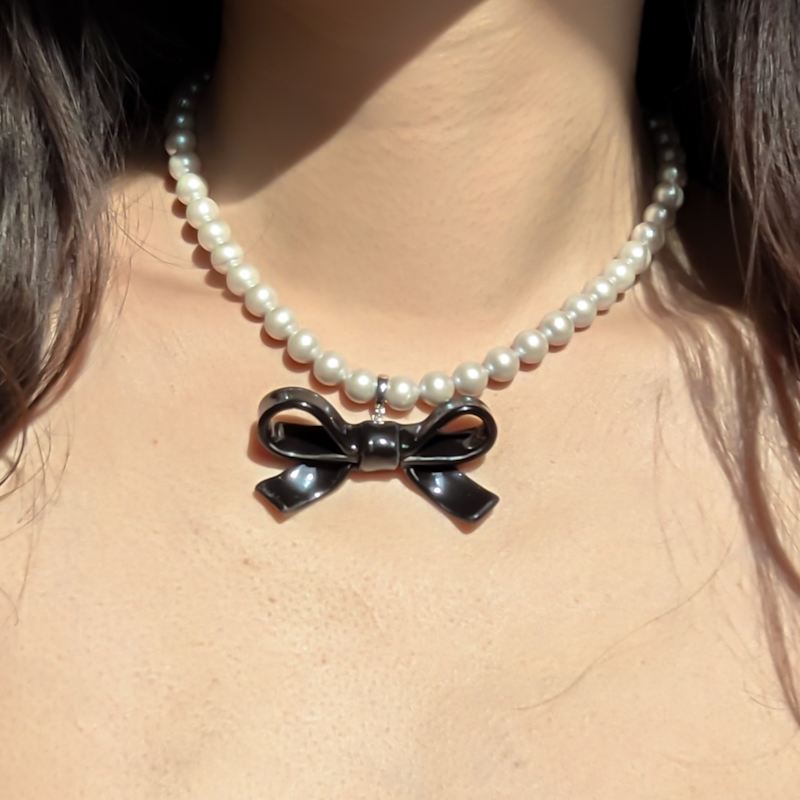 Thumbnail of Bow Tie Maniac Black Ribbon Bowtie Detachable Pendant Dove Grey Crystal Pearl Necklace image