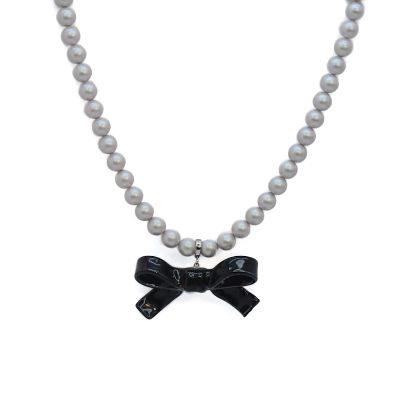 Thumbnail of Bow Tie Maniac Black Ribbon Bowtie Detachable Pendant Dove Grey Crystal Pearl Necklace image