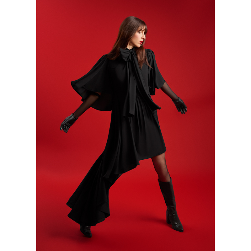 Femponiq Bow Tie Neck Cape Sleeve Maxi Dress - Black