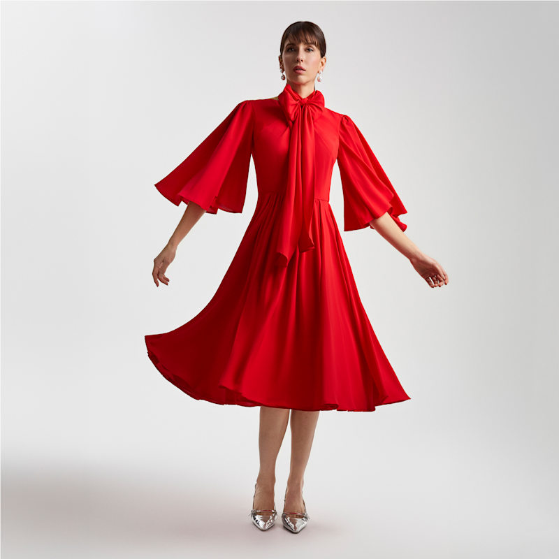 red gathered dress Bow Tie Neck Gathered Midi Dress