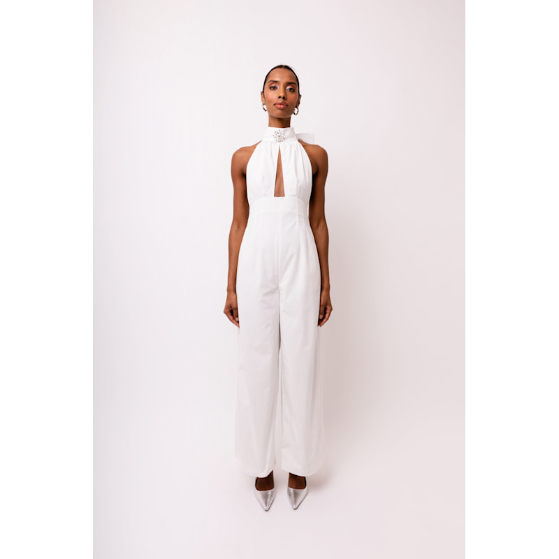 Bowie White Crystal Embellished High Neck Jumpsuit | AMY