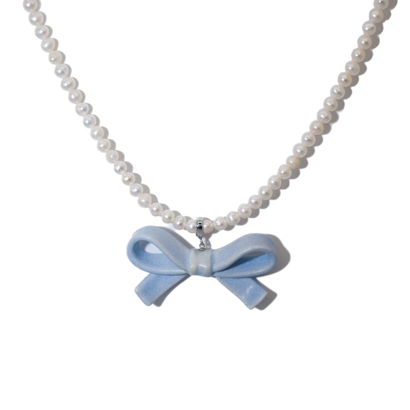 Thumbnail of Bowtie Maniac Medium Ribbon Bowtie Round Freshwater Pearl Necklaces Rock Blue Silver image