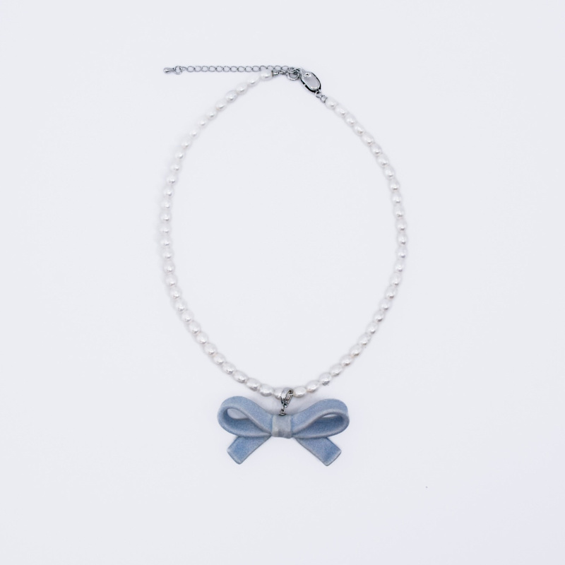 Thumbnail of Bowtie Maniac Medium Ribbon Bowtie Round Freshwater Pearl Necklaces Rock Blue Silver image