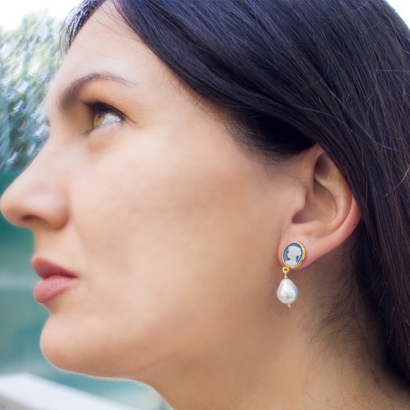 Thumbnail of Sky Blue Mini Cameo & Pearl Drop Earrings image