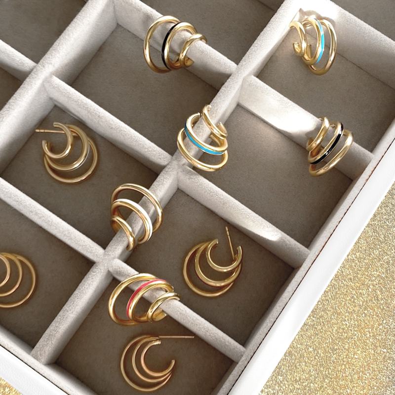 Thumbnail of Triple Hoop Earrings With Green Enamel image