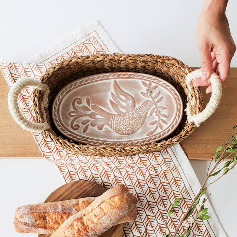 Thumbnail of Bread Warmer & Basket Gift Set With Light Brown Tea Towel - Bird Oval image