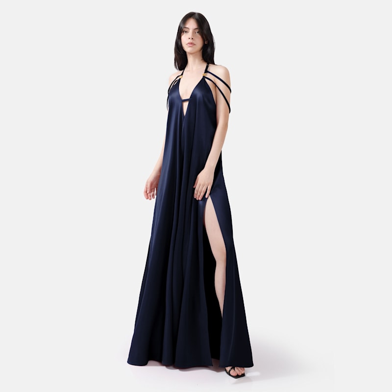 Navy Satin Maxi Dress  Long Designer Slip Gown | Kargede | Wolf & Badger