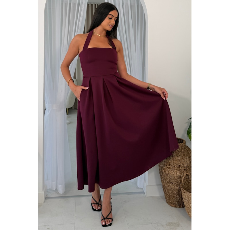 halter neck dress with pleated skirt Briar Halterneck Midi Plum by Girl In Mind futuristic
