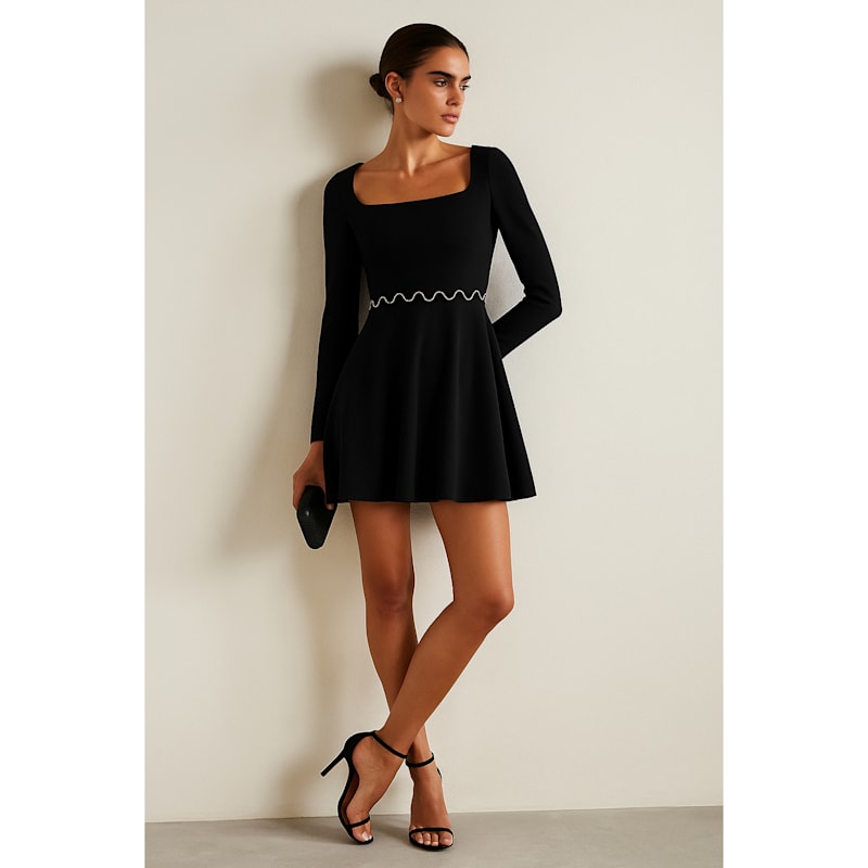 Brigitte Square Neckline Chain-Embellished Skater Mini Dress - Black |  2KStyle | Wolf & Badger