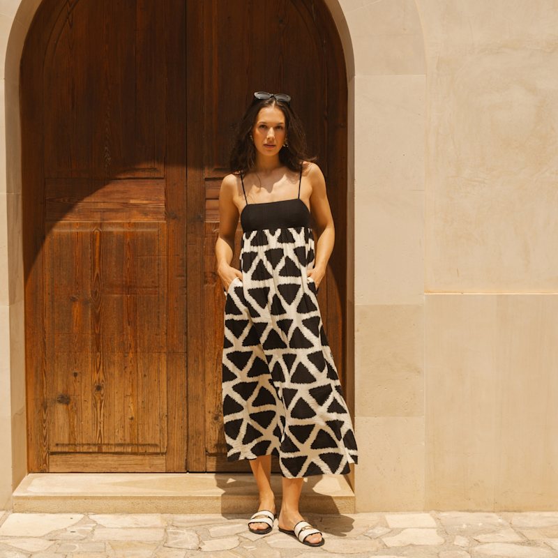 Thumbnail of Broken Promises Black And White Geometric Print Maxi Dress image