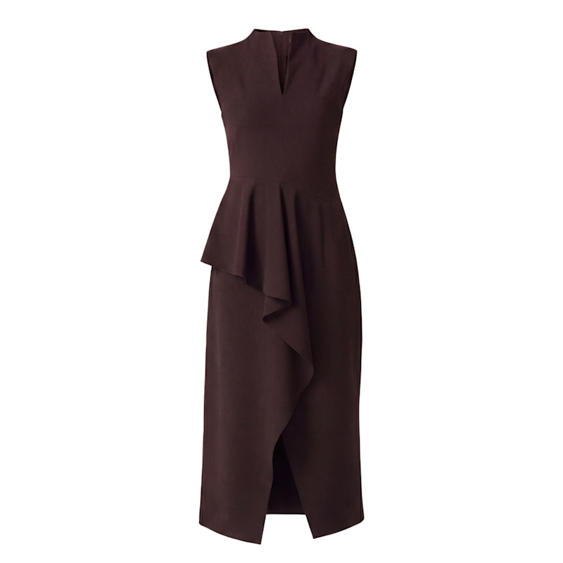 bluzat midi cocktail dress Brown Asymmetrical Midi Dress With Decorative Ruffle by BLUZAT