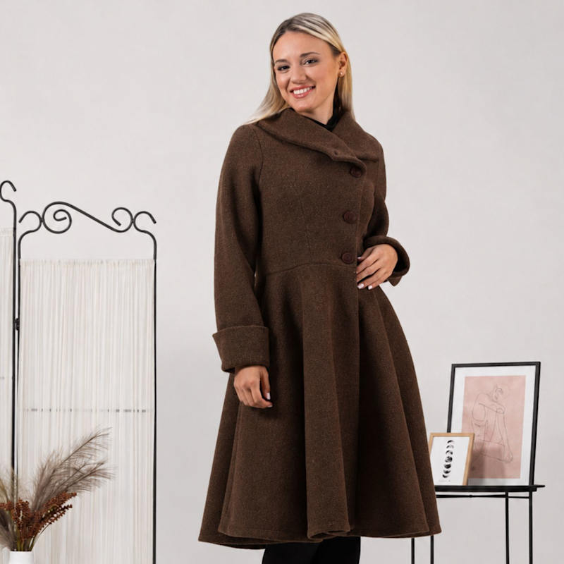 Thumbnail of Wool Winter Dress Coat With Buttons In Brown Color image