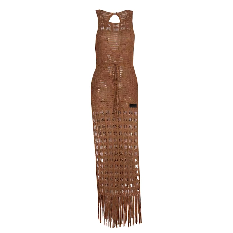 Brown Crochet Knitted Tasseled Summer Beach Dress by Chanel Joan Elkayam