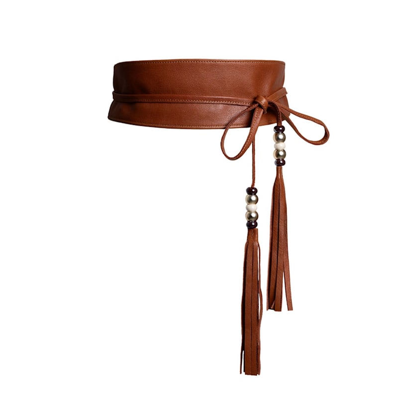 Thumbnail of Brown Leather Obi Belt With Long Tassels image