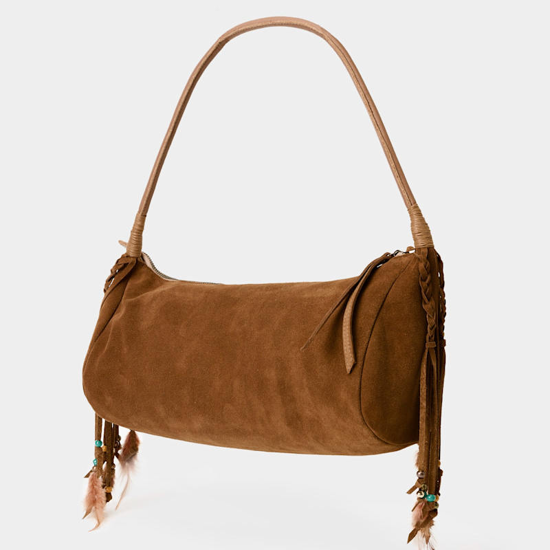 Thumbnail of Brown Suede Bag- Baguette Fringes And Feathers image
