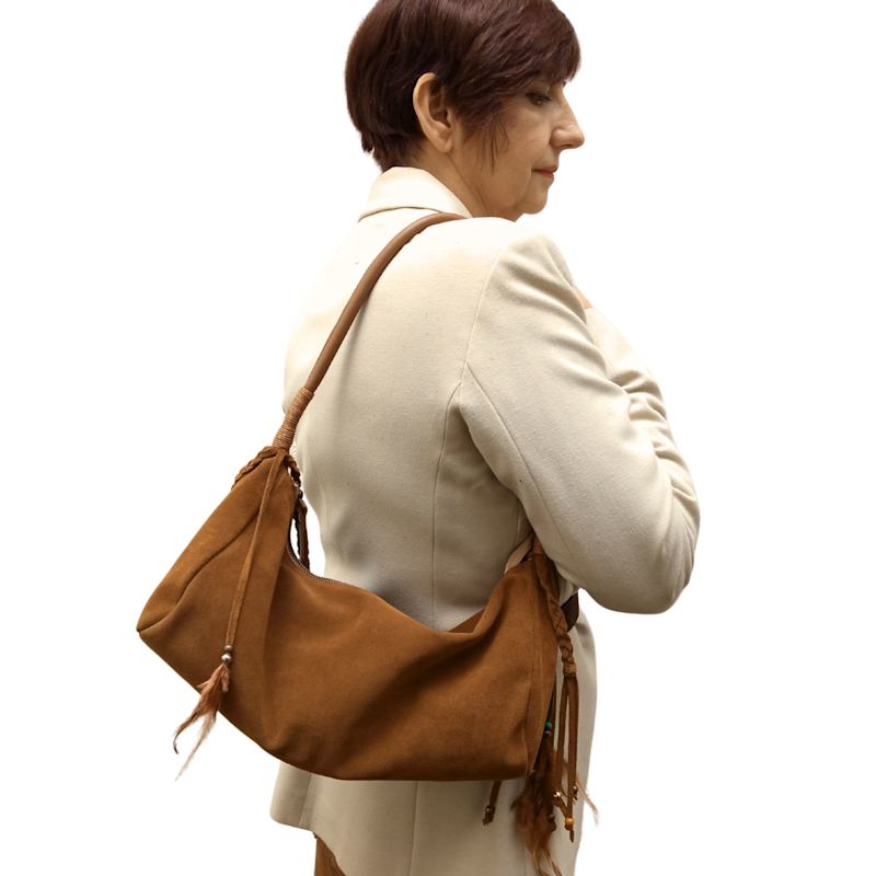 Thumbnail of Brown Suede Bag- Baguette Fringes And Feathers image