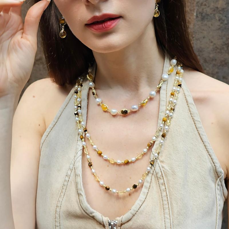 Brown Tiger-Eye And Yellow Citrine With Freshwater Pearls Long