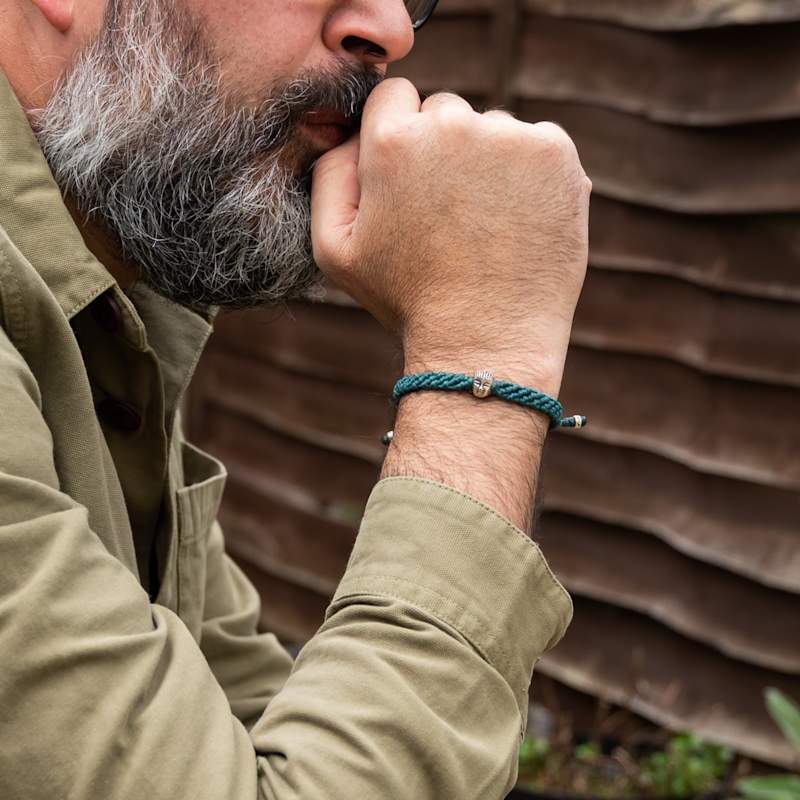 Buddha Bracelet For Men Handmade Of Green Rope Sterling Silver