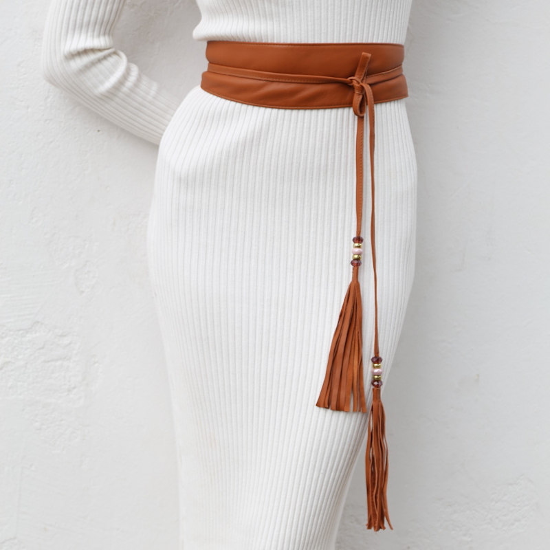 Thumbnail of Burgundy Leather Obi Belt With Long Tassels image