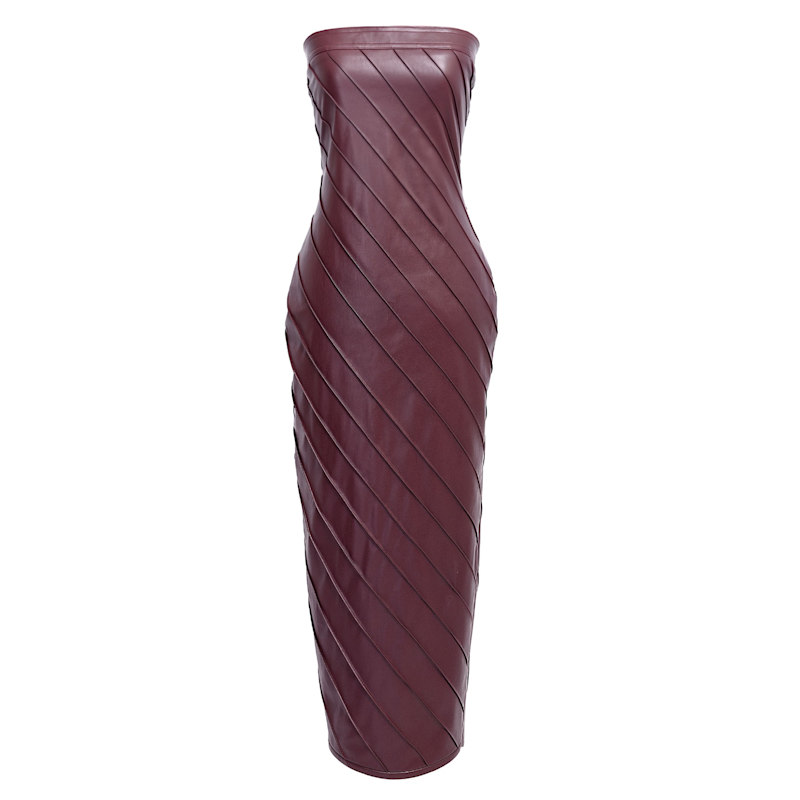 Burgundy Red Leather Pencil Dress – Pleated Strapless Midi
