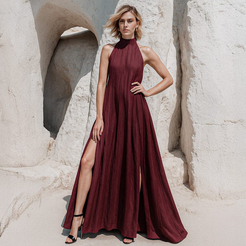 linen burgundy dress Nora Maternity Tie Waist Linen Dress in Burgundy main image 1