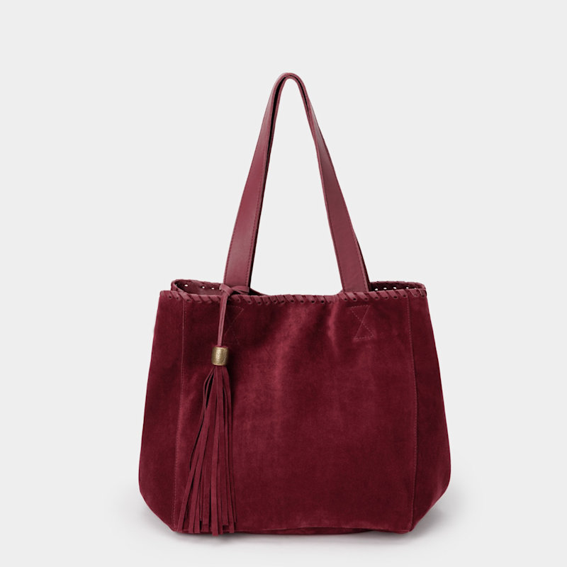Thumbnail of Suede Tote Bag - Leather Trim And Tassel -Burgundy image