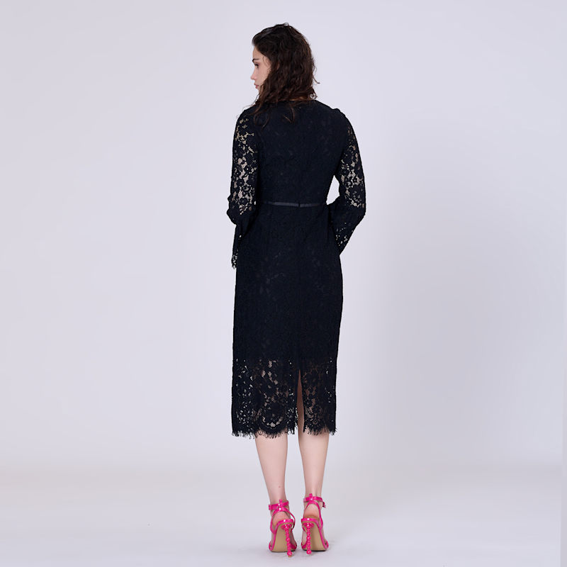 Smart and Joy Bustier Lines and Tulip Sleeves Lace Dress - Black